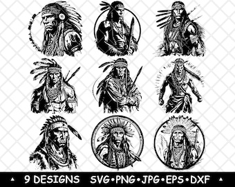 Indigenous-Inspired Warrior SVG Feather Headdress Portraits Western Vector Laser Engraving Cricut Files