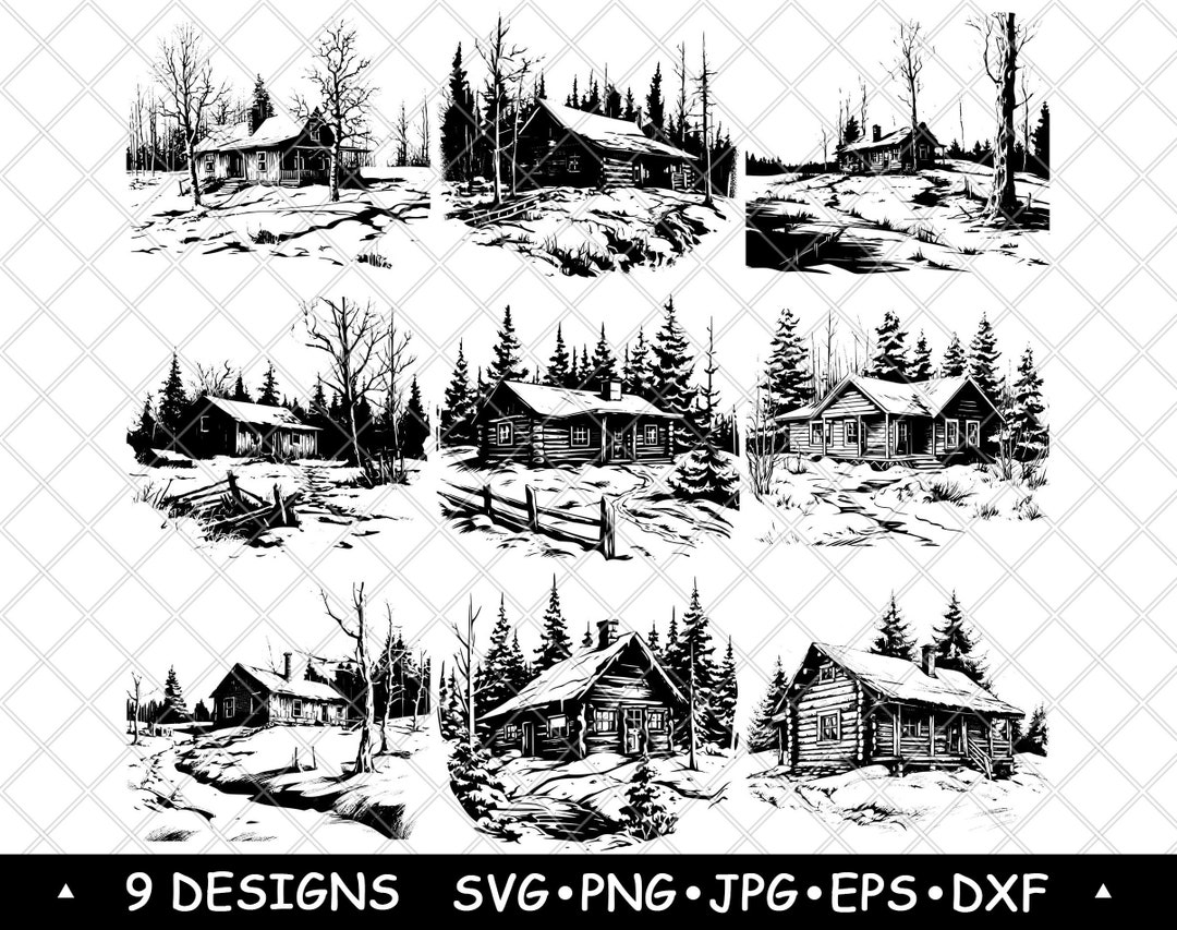 Rustic Cabin SVG Bundle | Forest Log Cabin Line Art for Laser Engraving ...