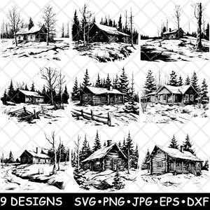 Rustiek blokhut Winter pijnbomen Cottage besneeuwd bos Laserbestand SVG PNG JPG grijswaarden afbeelding branden gesneden vector Coaster zwart wit CNC hout