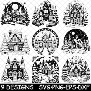 Kerstavond Wintercabine Met Sneeuw bedekt Huis Pijnbomen Laserbestand SVG PNG JPG grijswaarden afbeelding branden gesneden vector Coaster zwart wit CNC hout