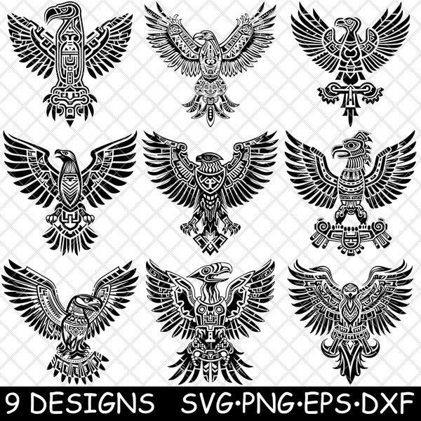 Aztec Eagle Art Emblem Warrior Tribal Symbol Culture Coaster Black White Laser File SVG Dxf PNG Glowforge Lightburn Cut Engrave Coaster Cnc