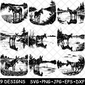 Esel Maultier Burro Mini Pferd Esel See Swamp Wildtiere Laser-Datei SVG PNG JPG Brennen Bild geschnitten Untersetzer Schwarz Weiß Cnc Holz