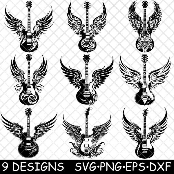 Electric Winged Guitar Angel Celestial Music Heaven Classic Tunes SVG,Dxf,Eps,PNG,Cricut,Silhouette,Cut,Laser,Stencil,Sticker,Clipart,Print