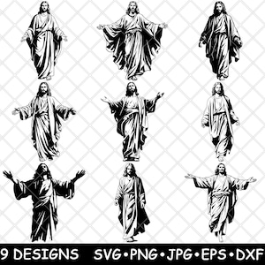 May include: Nine black and white silhouette designs of Jesus Christ in various poses, including standing with arms outstretched, standing with hands clasped, and walking.