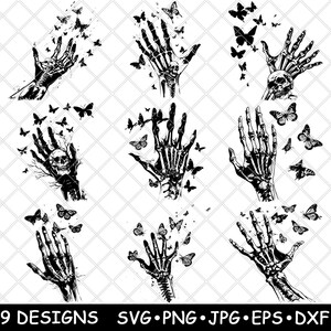 Skelett Hand Schmetterlinge Horror Fantasy Laser Datei SVG PNG JPG Graustufen Brennen Bild Untersetzer Schwarz Weiß Cnc Holz