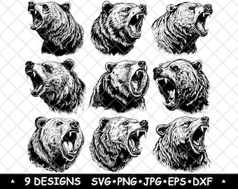 Zestaw SVG z głową ryczącego niedźwiedzia | Clipart z niedźwiedziem grizzly | Grafika wektorowa z motywem dzikiej przyrody do grawerowania i na odzież