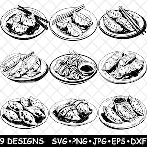 Japanse gyozadumplings dim sum gestoomd Aziatisch eten maaltijd laserbestand SVG PNG JPG grijswaarden afbeelding branden gesneden vector Coaster zwart wit CNC hout