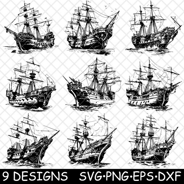 Pirate Galleon Ship Buccaneer Vessel Sea Frigate Blackbeard Roger SVG,Dxf,Eps,PNG,Cricut,Silhouette,Cut,Laser,Stencil,Iron-on,Clipart,Print
