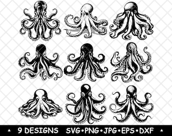 Octopus SVG Bundle Ocean Animal Clipart Tentacle Sea Life Vector Nautical Decor Laser PNG