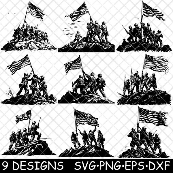 Iwo Jima Flag Raising American Mount Suribachi World War II Battle SVG,Dxf,Eps,PNG,Cricut,Silhouette,Cut,Laser,Stencil,Sticker,Clipart,Print