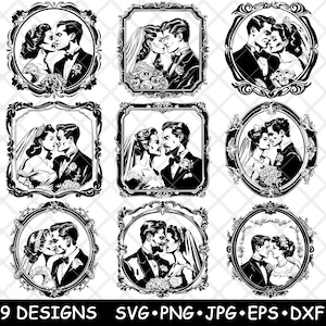 Bruid bruidegom vintage frame bruiloft portret liefde boeket laserbestand SVG PNG JPG grijswaarden afbeelding branden gesneden vector Coaster zwart wit CNC hout