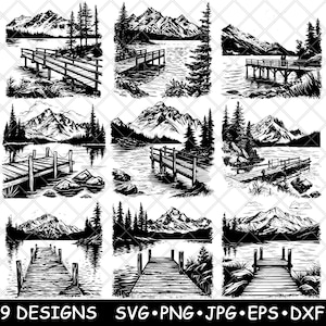 Bergmeer vissen pier dok pijnbomen bos weergave laserbestand SVG png jpg grijswaarden branden afbeelding gesneden vector onderzetter zwart wit cnc hout