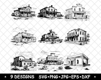 Wild West Stadt Gebäude Vektor-Set | Vintage Western Clipart zum ausdrucken, dekorieren, dekorieren & gravieren