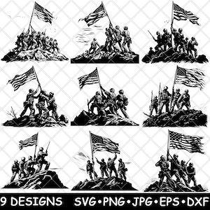 Iwo Jima bandiera alzando americano monte Suribachi seconda guerra mondiale battaglia SVG,Dxf,Eps,PNG,Cricut,Silhouette,Tagliare,Laser,Stencil,Adesivo,Clipart,Stampa