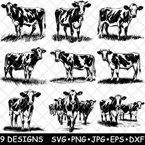 ホルスタイン乳牛、フリージアン牛、ミルク、雄牛、群れ、農場、家畜、SVG、Dxf、Eps、PNG、クリカット、シルエット、カット、レーザー、ステンシル、アイロン接着、クリップアート、印刷