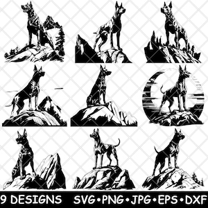 Dobermann Pinscher Hund Canine Welpe Pedigree Fell Reinrassige Laser-Datei SVG PNG JPG Graustufen Brennen Bild Schnitt Vektor Untersetzer Schwarz Weiß Cnc Holz