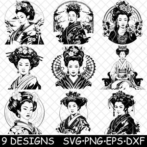 Japanese Geisha Empress Queen Asian Lady Woman Scene Board Coaster Black White SVG,Dxf,Eps,PNG,Glowforge,Lightburn,Cut,Laser,Engrave,Iron-on