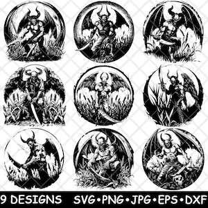 Démon Satan Diablo mal monstre fantaisie enfer Dark Angel fichier laser SVG PNG JPG niveaux de gris gravure image coupe vecteur sous-verre noir blanc Cnc bois
