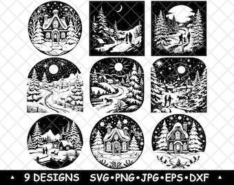 Winter Village SVG Christmas Cabin Landscape Snowy Forest Vector Holiday Laser Engraving Cricut Files