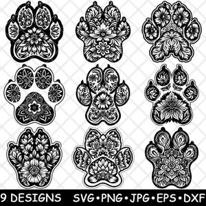 Impressão de pata de cachorro, flor, mandala, floral, animal, sola, arte, arquivo a laser, SVG, PNG, JPG, escala de cinza, imagem queimada, corte vetorial, porta-copos, preto, branco, madeira cnc