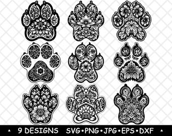 Odcisk łapy psa, kwiatowa mandala, zwierzęca stopa, sztuka podeszwy, plik laserowy, SVG, PNG, JPG, skala szarości, wypalony obraz, wycięty wektor, podkładka, czarno-biały, CNC, drewno