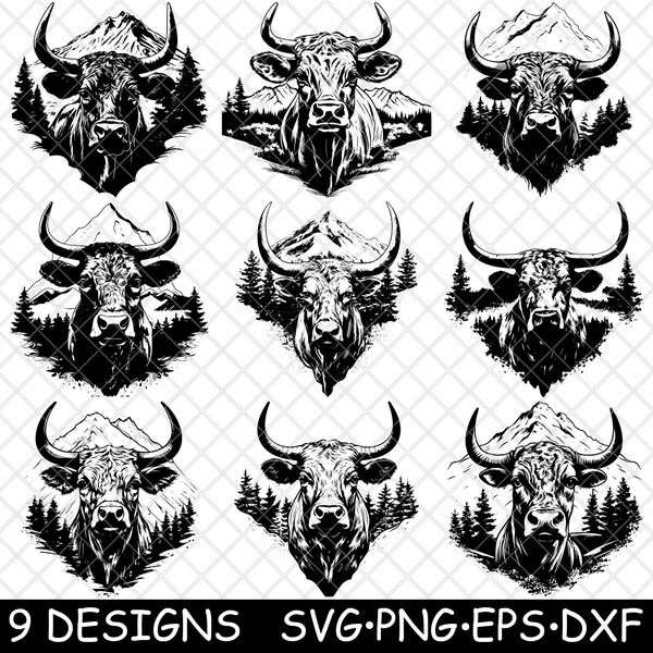 Cow Cattle Head Bull Bovine Ox Face Horn Heifer Tree Mountain Pine SVG,Dxf,Eps,PNG,Cricut,Silhouette,Cut,Laser,Stencil,Iron-on,Clipart,Print