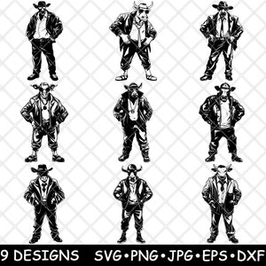 Könnte beinhalten: Neun Schwarzweißillustrationen eines Stiers, der einen Cowboyhut und verschiedene Outfits trägt. Der Stier trägt einen Anzug, eine Weste, eine Jacke und andere Kleidung. Die Illustrationen sind im Cartoon-Stil gehalten.