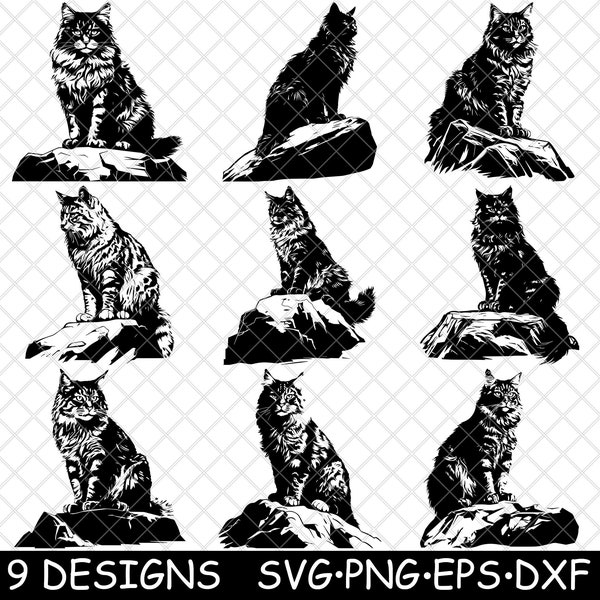 Maine Coon Cat Giant Shag American Longhair Domestic Pet Laser File SVG PNG JPG Grayscale Burn Image Cut Cricut Coaster Black White Cnc Wood