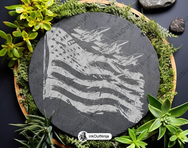 May include: A black slate coaster with a distressed white American flag design. The flag is slightly faded and has a grunge aesthetic.