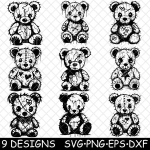 Teddybeer steek genaaid gepatcht gebroken haveloos vuil Laserbestand SVG PNG JPG grijswaarden afbeelding branden gesneden vector Coaster zwart wit CNC hout