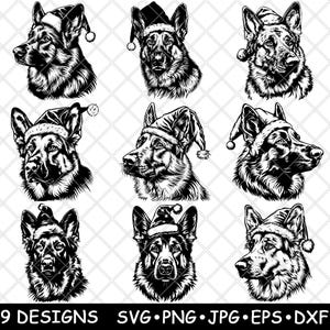 May include: Nine black and white illustrations of German Shepherd dogs wearing Santa hats. The dogs are in various poses, some looking to the side, some looking forward, and some looking up.