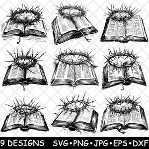 May include: Nine black and white illustrations of an open book with a crown of thorns on top. The book is a symbol of the Bible and the crown of thorns is a symbol of Jesus Christ's crucifixion.