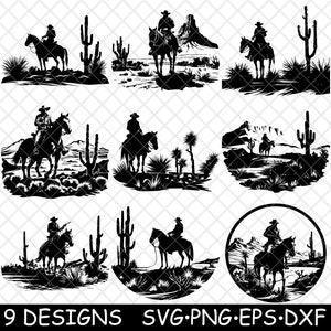 Cowboy Far West désert de Mojave Monument Valley cactus fichier laser SVG PNG JPG niveaux de gris gravure image coupe vecteur sous-bock noir blanc Cnc bois