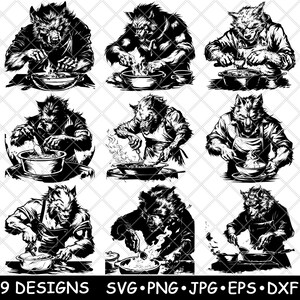 Escena de cocina de hombre lobo, hombre lobo, bestia, chef, monstruo aterrador, archivo láser, SVG, PNG, JPG, escala de grises, imagen quemada, corte vectorial, posavasos, blanco y negro, CNC, madera