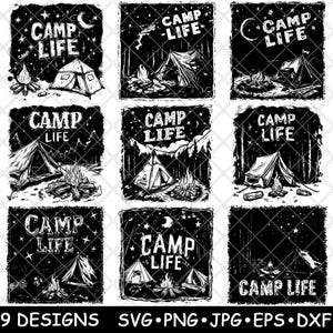 Camping tent berg bos kampleven vreugdevuur bos laserbestand SVG PNG JPG grijswaarden afbeelding branden gesneden vector Coaster zwart wit CNC hout