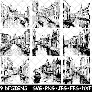 Venedig-Canal Grande Venezianische Stadt Italien Gondel Wahrzeichen Laser-Datei SVG PNG JPG Graustufen Brennen Bild Schneiden Vektor Untersetzer Schwarz Weiß Cnc Holz