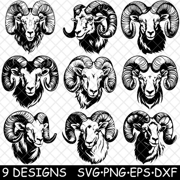 Ram Bighorn Sheep Head Curved Antler Ovis Aries Ruminant Animal PNG,SVG,Eps,Cricut,Silhouette,Cut,Laser,Stencil,Sticker,Decal,Clipart,Print