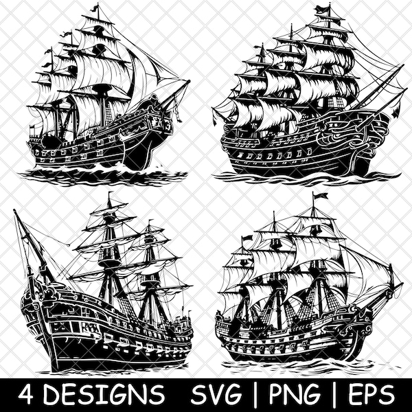 Galion Voilier Bateau en bois | Bateau historique de pirate naval | SVG-PNG-Eps|Cut-Cricut-Sticker-Wood Laser-Decal-Stencil-Vinyl Shirt Design