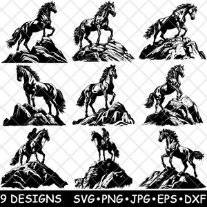 Mustang cheval sauvage étalon jument Western Rocky Mountain fichier laser SVG PNG JPG niveaux de gris gravure image coupe vecteur sous-bock noir blanc bois CNC