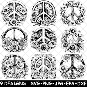 May include: Nine black and white peace sign designs with a floral pattern. Each design features a peace sign surrounded by stylized sunflowers.