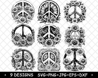 Peace Sign SVG Daisy Flower Clipart Retro Hippie Symbol Vector Floral Laser Engraving Design
