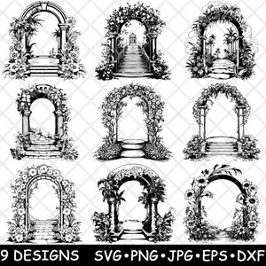 Bloementuin boog huwelijksceremonie bloemen Boho gangpad laserbestand SVG PNG JPG grijswaarden afbeelding branden gesneden vector Coaster zwart wit CNC hout