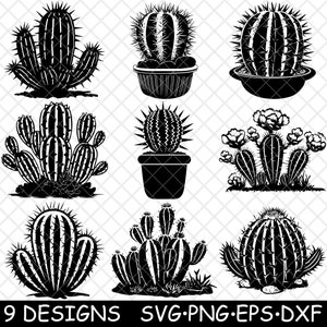 Piante grasse Cactus Pianta del deserto Fico d'India Opuntia Vaso File laser SVG PNG JPG Scala di grigi Immagine bruciata Taglio Vettore Sottobicchiere Nero Bianco Cnc Legno