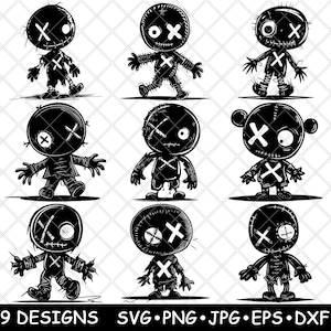 May include: Nine black and white illustrations of voodoo dolls with different facial expressions and poses. The dolls have stitched mouths and eyes, and some have stitched arms and legs.
