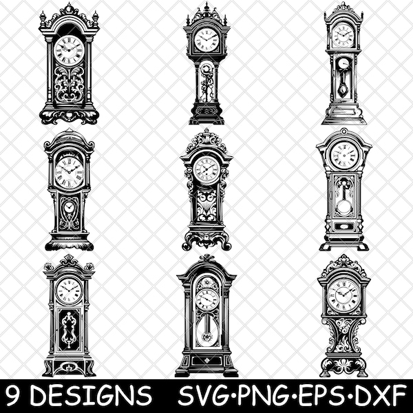 Antique Grandfather Clock Pendulum Floor Tall Chime Time Vintage SVG,DXF,Eps,PNG,Cricut,Silhouette,Cut,Laser,Stencil,Sticker,Clipart,Print