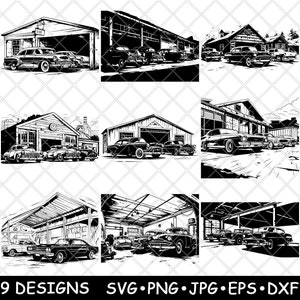 Classic Car Garage Repair Shop Care Center Auto Service Laser File SVG PNG JPG Grayscale Burn Image Cut Vector Coaster Black White Cnc Wood