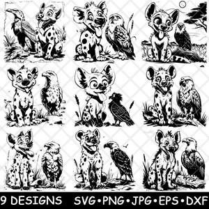 Op de afbeelding: Negen zwart-wit illustraties van een hyena met verschillende poses en uitdrukkingen. Elke hyena wordt omringd door verschillende vogels, waaronder adelaars en gieren.