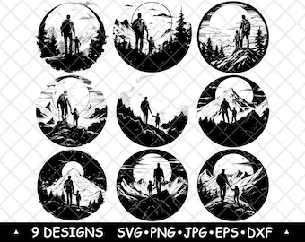 Father and Child Hiking SVG Bundle Mountain Adventure Silhouettes Family Outdoor Clipart Laser Engraving
