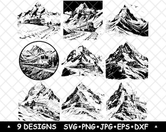 Paisaje de los Alpes suizos de Jungfrau en formato SVG. Imágenes prediseñadas de cabañas alpinas en formato vectorial PNG.