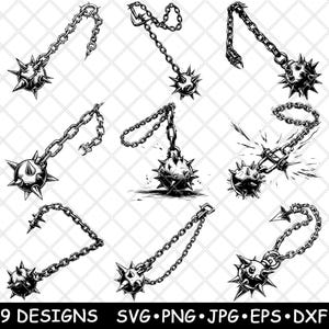 May include: Nine black and white illustrations of a spiked ball on a chain. The ball is a weapon called a flail.